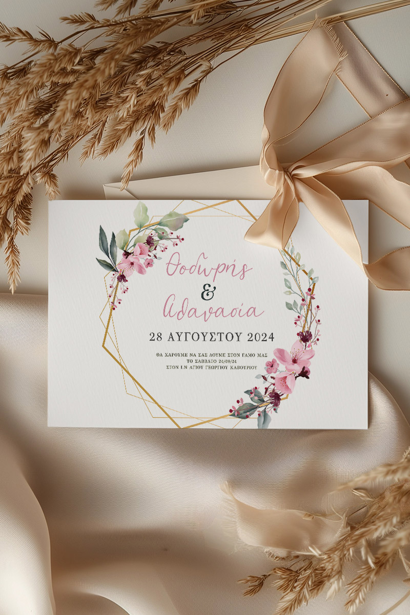 Προσκλητήρια Γάμου με σχέδιο Χρυσό με Ροζ Λουλούδια