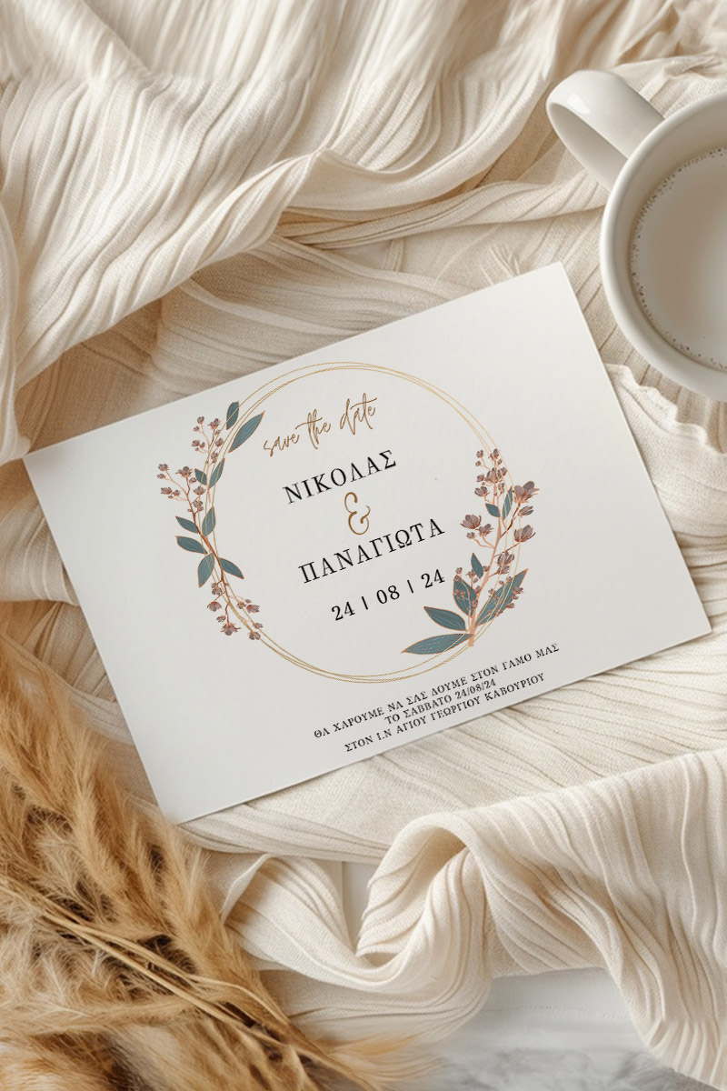 Προσκλητήρια Γάμου με σχέδιο Στεφάνι Λουλουδιών