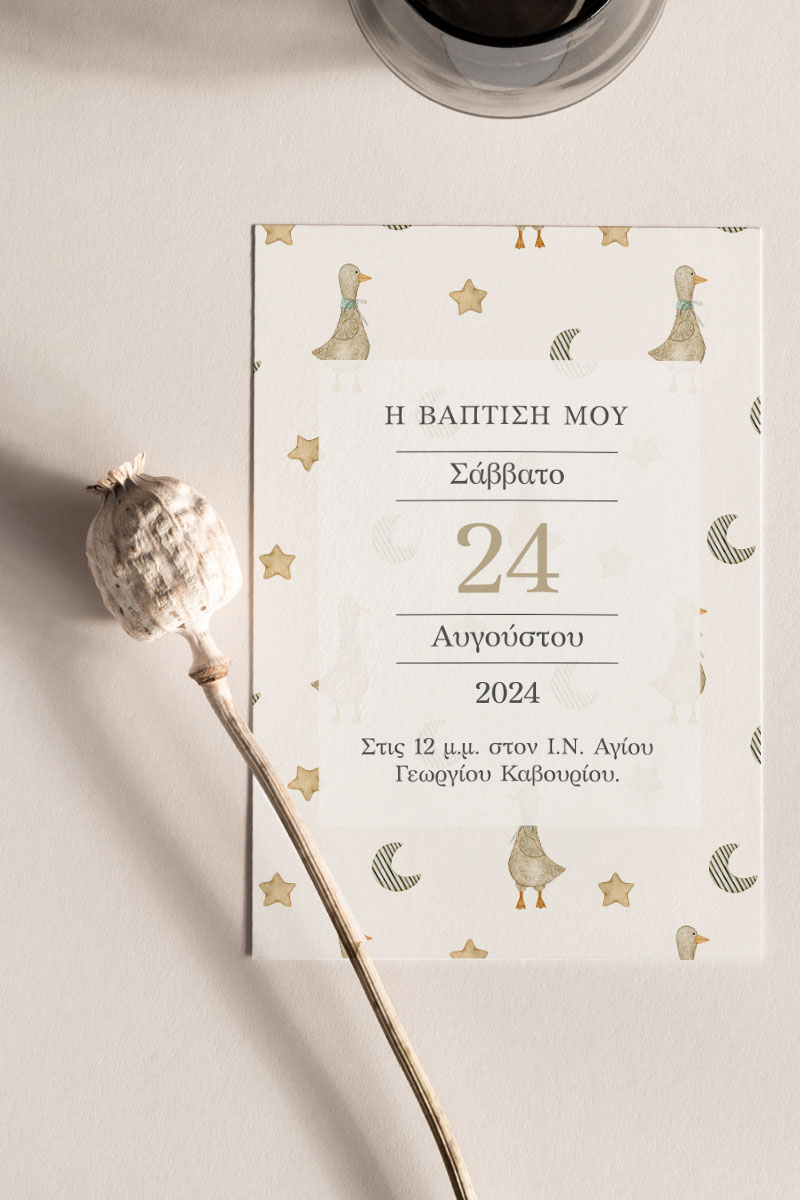 Προσκλητήρια Βάπτισης με σχέδιο Παπάκια και Αστεράκια