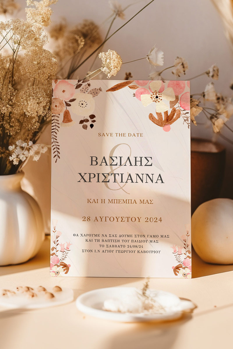 Προσκλητήρια Γάμου Βάπτισης με σχέδιο Vintage Ροζ