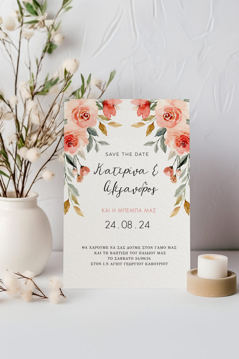 Προσκλητήρια Γάμου Βάπτισης με σχέδιο Κλασσικά Λουλούδια