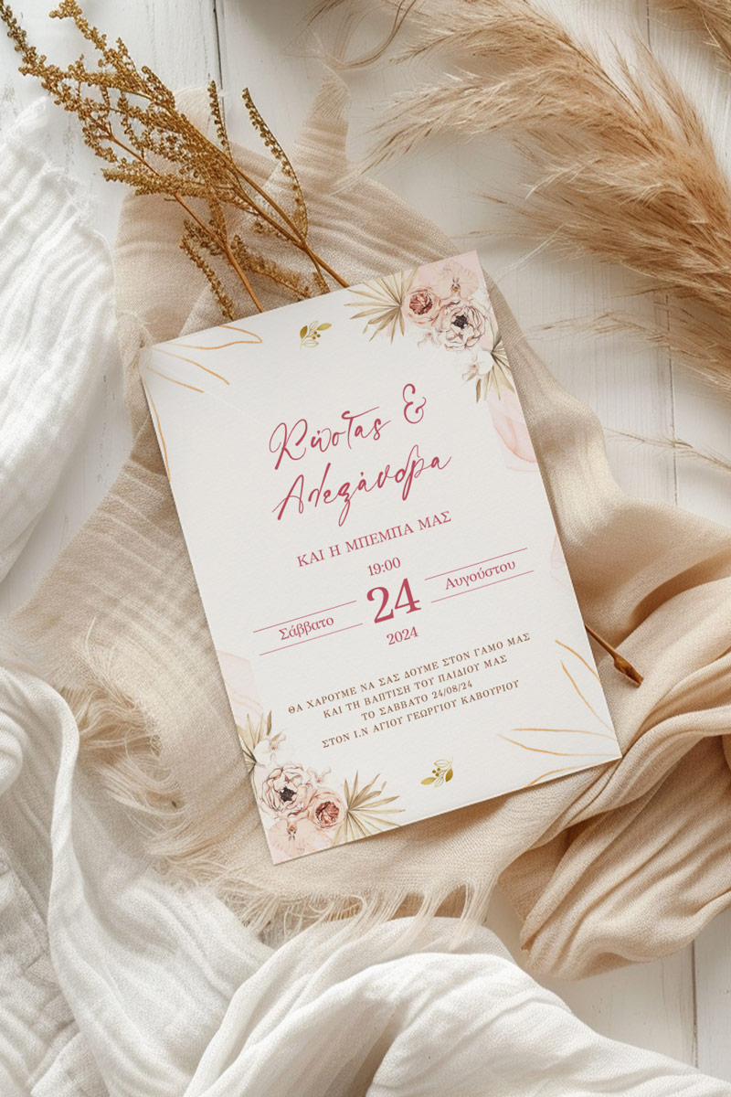 Προσκλητήρια Γάμου Βάπτισης με σχέδιο Ροζ Λουλούδια