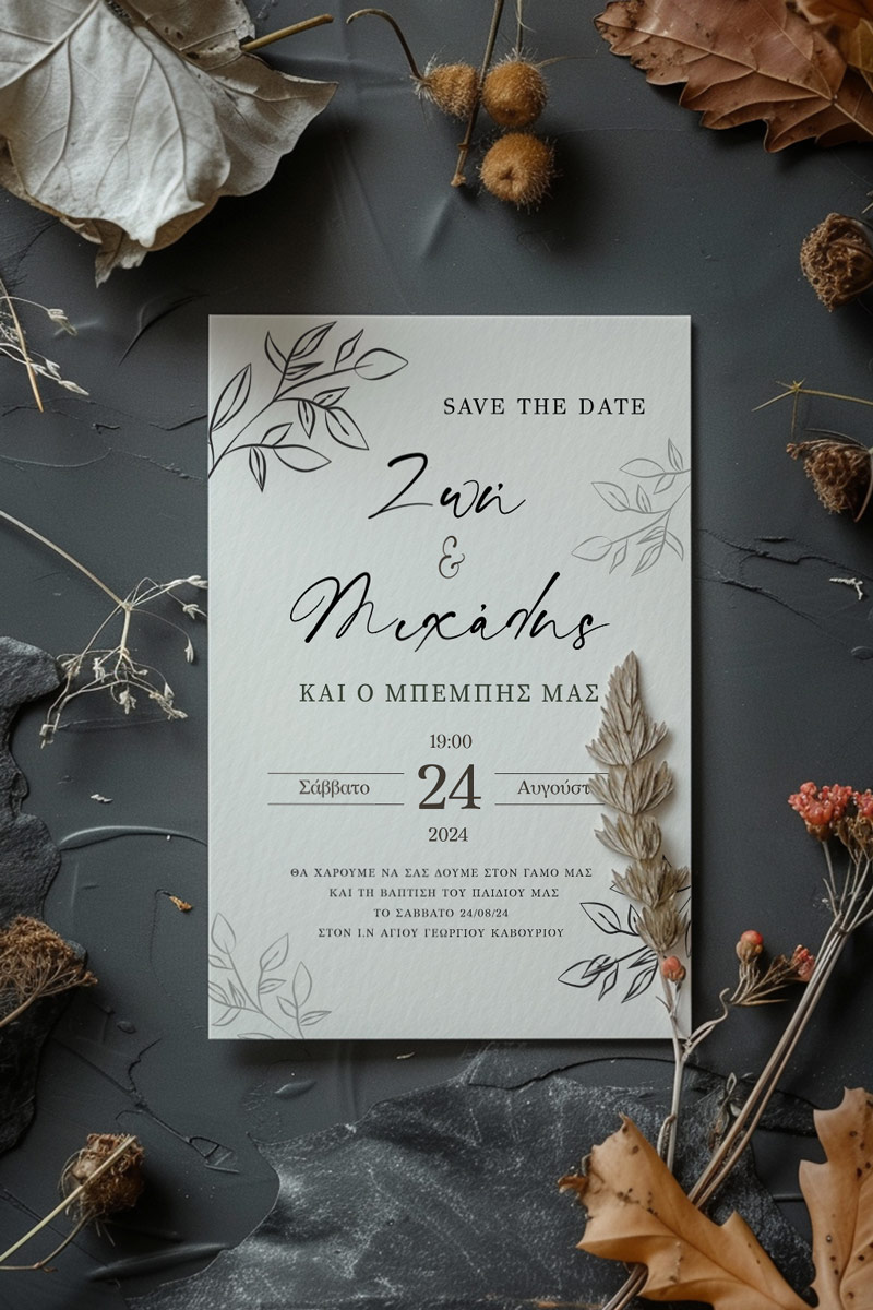 Προσκλητήρια Γάμου Βάπτισης με σχέδιο Minimal Φύλλα