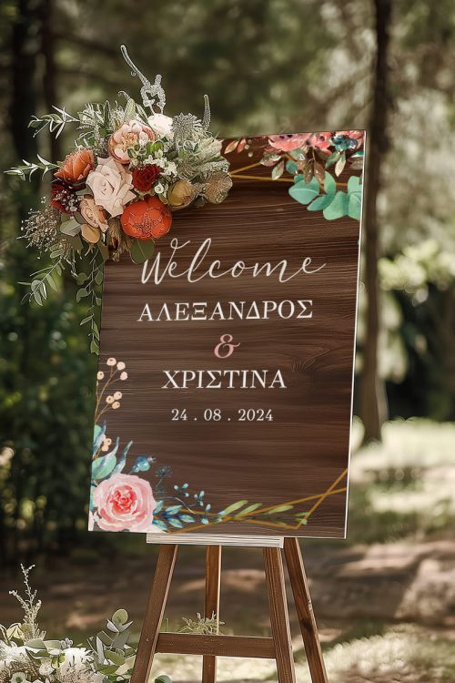 Επιγραφή Καλωσορίσματος Γάμου με Σχέδιο Ροζ Λουλούδια
