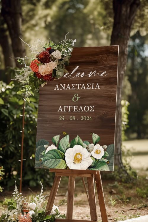 Επιγραφή Καλωσορίσματος Γάμου με Σχέδιο Λευκά Λουλούδια