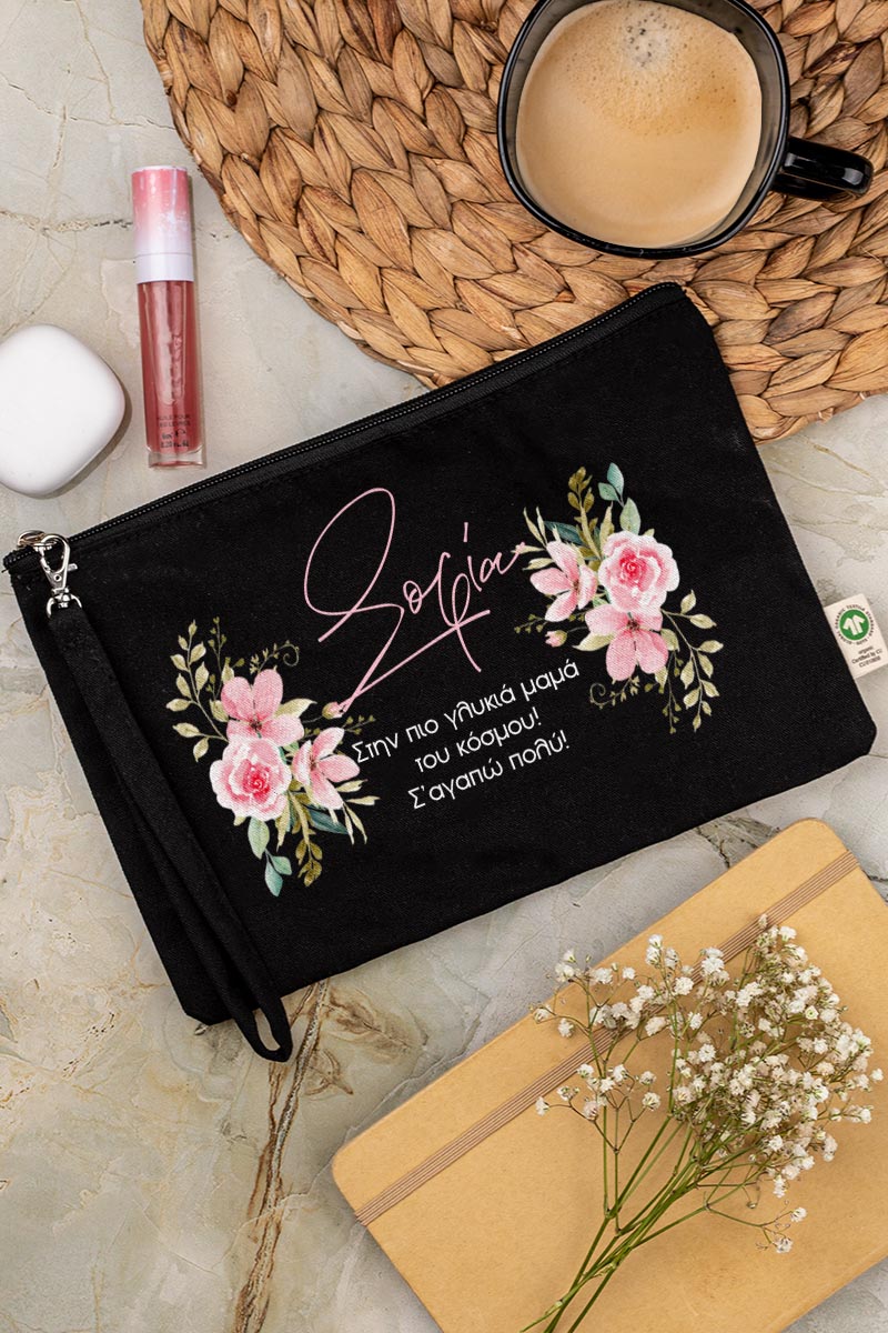 Προσωποποιημένο Μαύρο Τσαντάκι & Νεσεσέρ Καλλυντικών Ροζ Άνθη