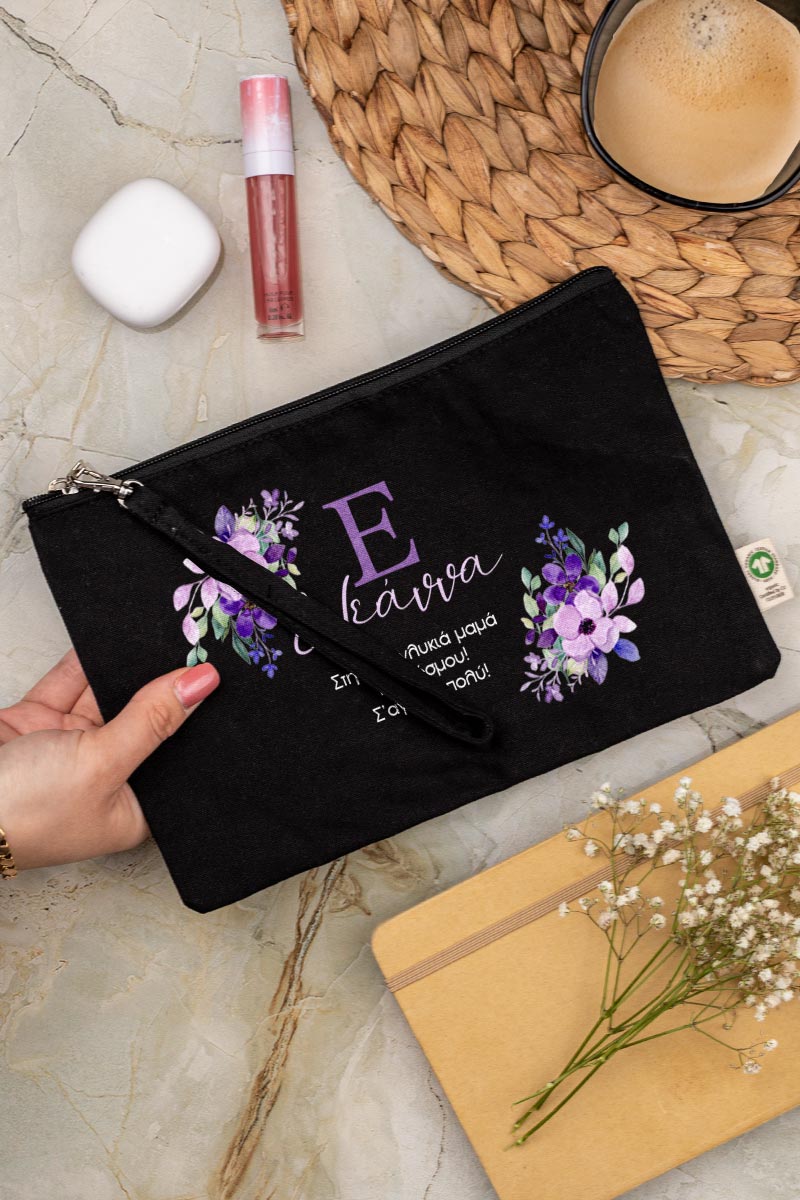 Προσωποποιημένο Μαύρο Τσαντάκι & Νεσεσέρ Καλλυντικών Μωβ Λουλούδια