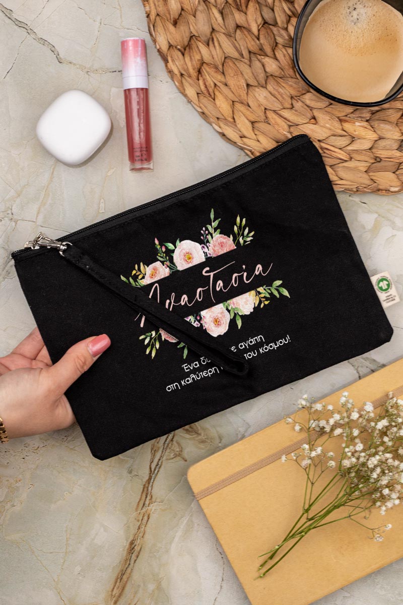 Προσωποποιημένο Μαύρο Τσαντάκι & Νεσεσέρ Καλλυντικών Καλοκαιρινά Άνθη