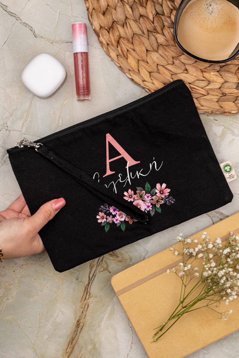 Προσωποποιημένο Μαύρο Τσαντάκι & Νεσεσέρ Καλλυντικών Μικρά Λουλουδάκια