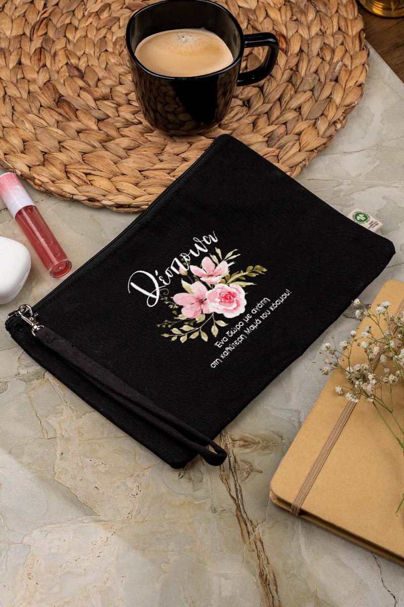 Προσωποποιημένο Μαύρο Τσαντάκι & Νεσεσέρ Καλλυντικών Ροζ Κλασσικά Λουλούδια