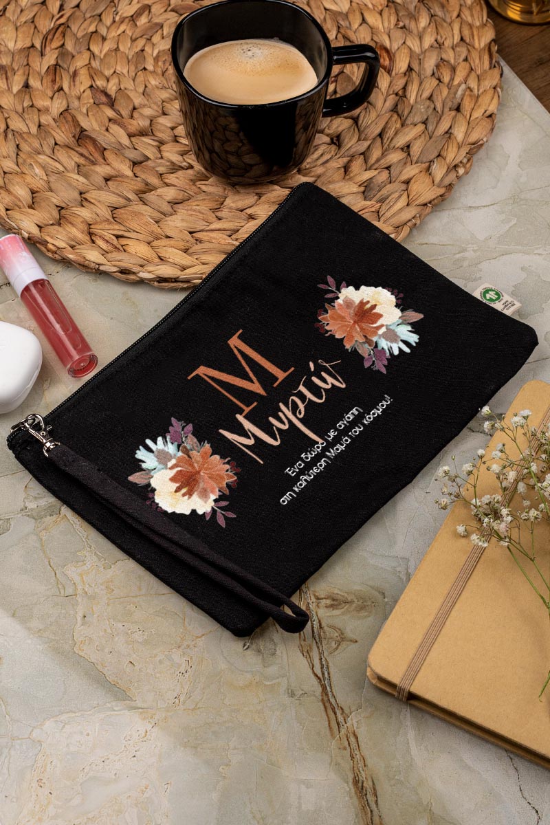 Προσωποποιημένο Μαύρο Τσαντάκι & Νεσεσέρ Καλλυντικών Πολύχρωμα Λουλούδια