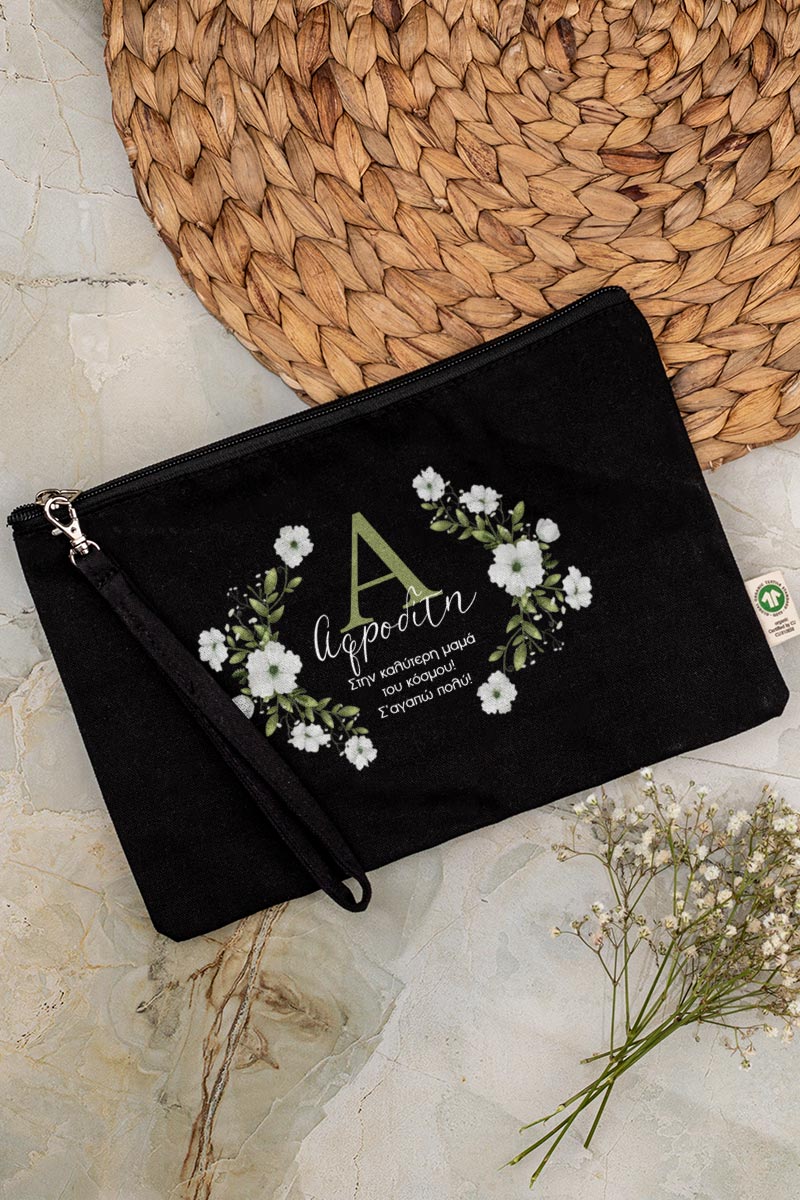 Προσωποποιημένο Μαύρο Τσαντάκι & Νεσεσέρ Καλλυντικών Γαλάζια Λουλούδια