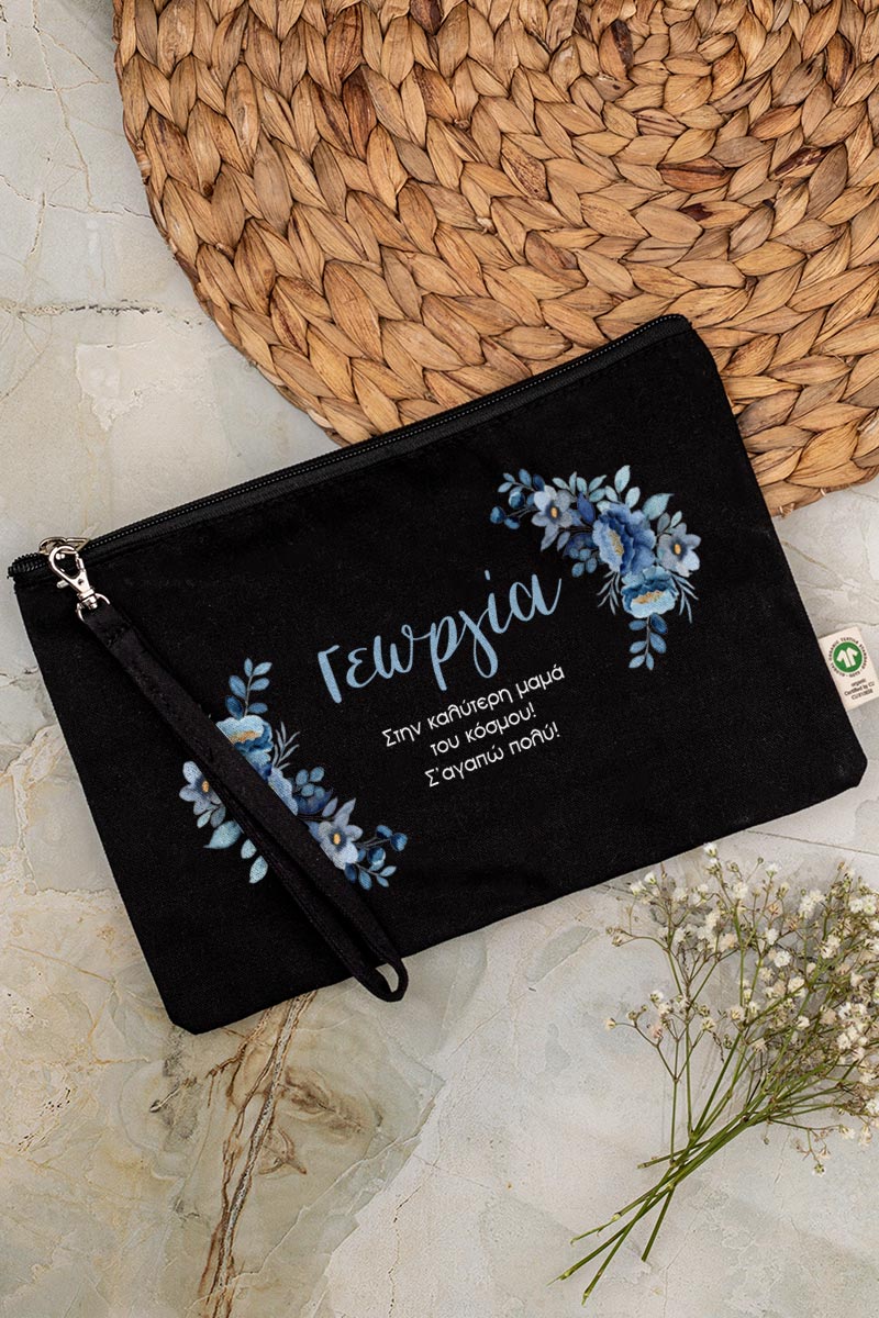 Προσωποποιημένο Μαύρο Τσαντάκι & Νεσεσέρ Καλλυντικών Μπλε Λουλούδια