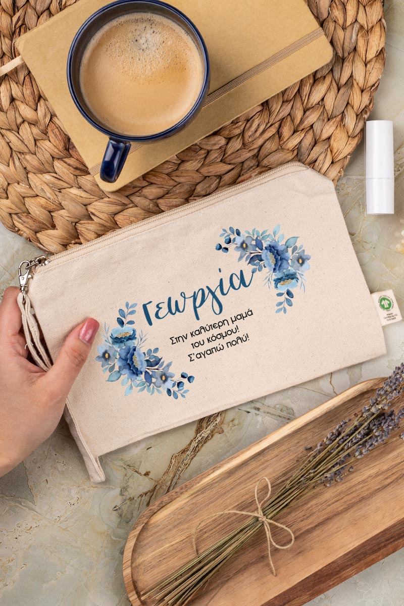 Προσωποποιημένο Εκρού Τσαντάκι & Νεσεσέρ Καλλυντικών Μπλε Λουλούδια