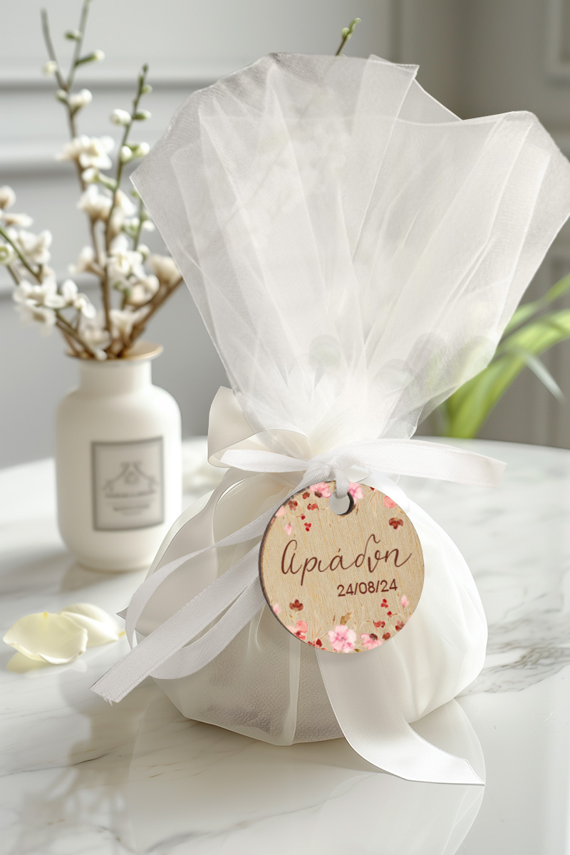 Μπομπονιέρες Βάπτισης με Τούλι & Σχέδιο Ανοιξιάτικα Ροζ Λουλούδια