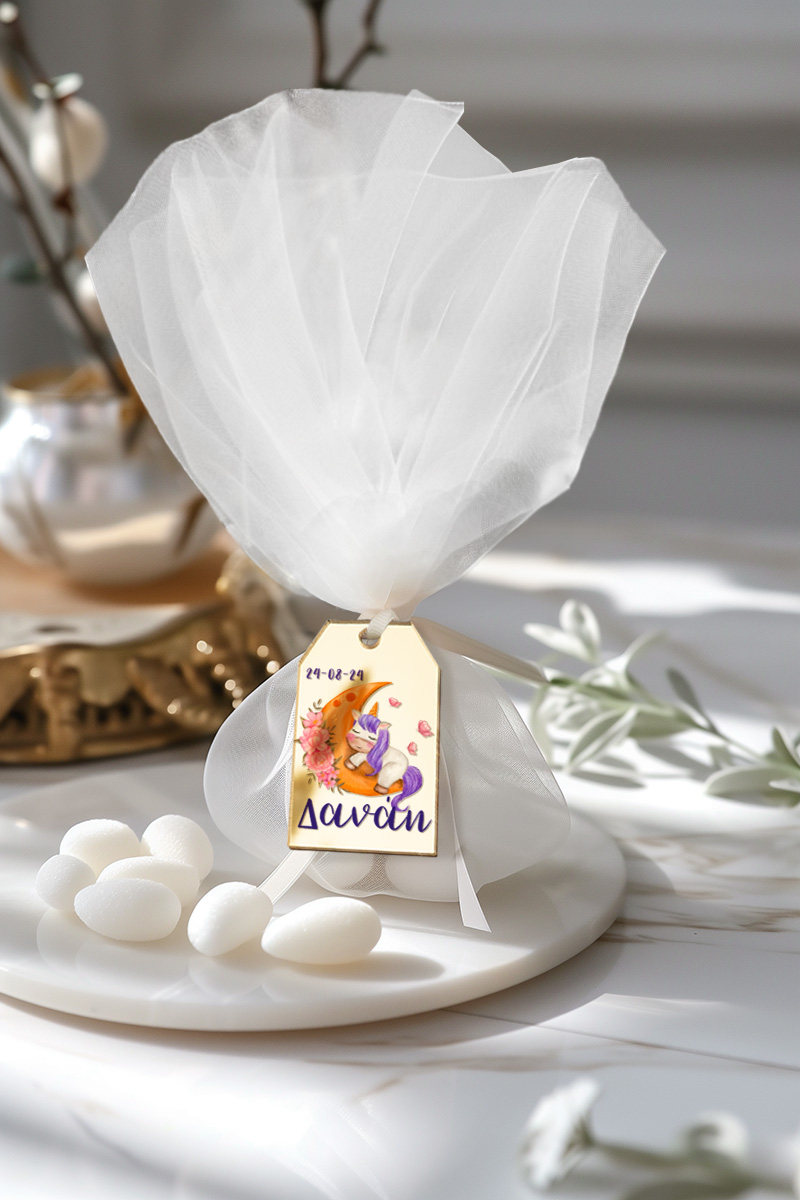Μπομπονιέρες Βάπτισης με Τούλι & Σχέδιο Μονόκερος με Πεταλούδες