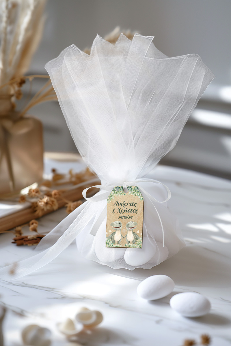 Μπομπονιέρες Βάπτισης με Τούλι & Σχέδιο Δίδυμα Δεινοσαυράκια