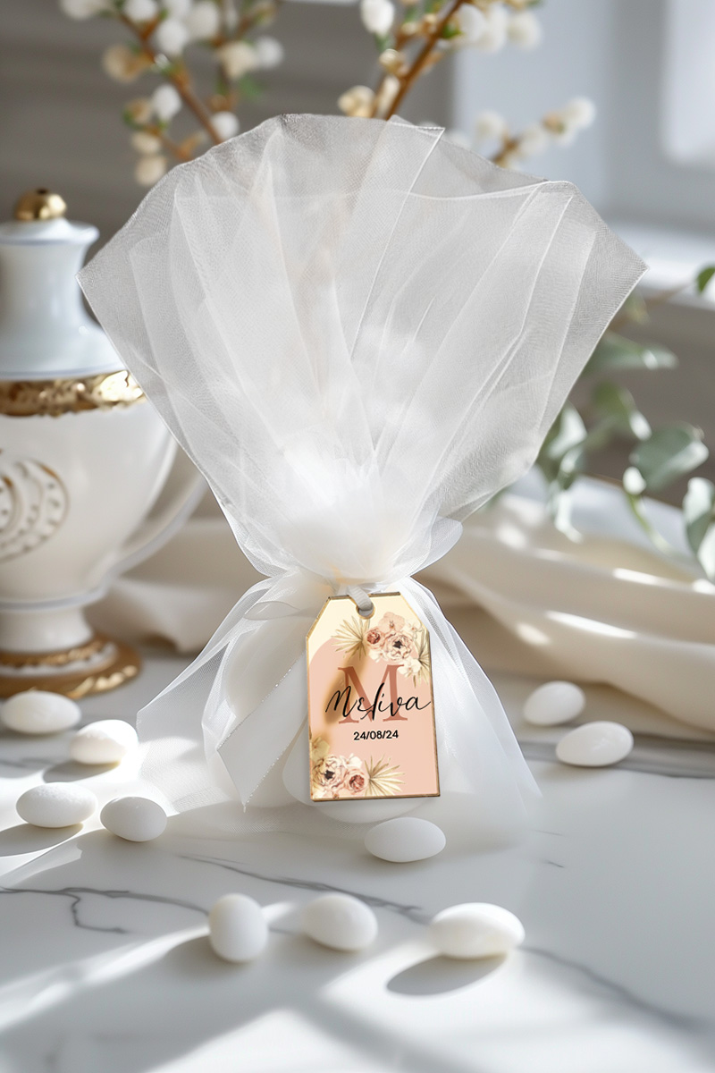 Μπομπονιέρες Βάπτισης με Τούλι & Σχέδιο Boho Ροζ Λουλούδια