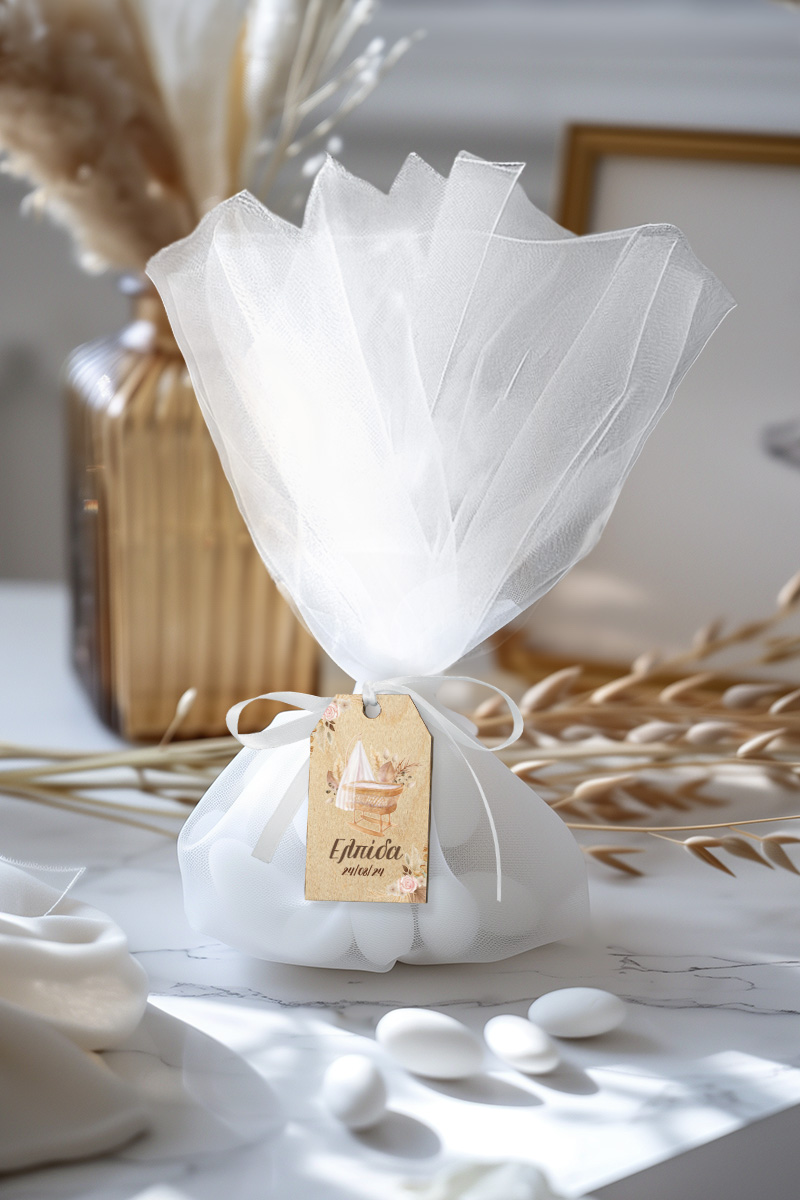 Μπομπονιέρες Βάπτισης με Τούλι & Σχέδιο Boho Κούνια