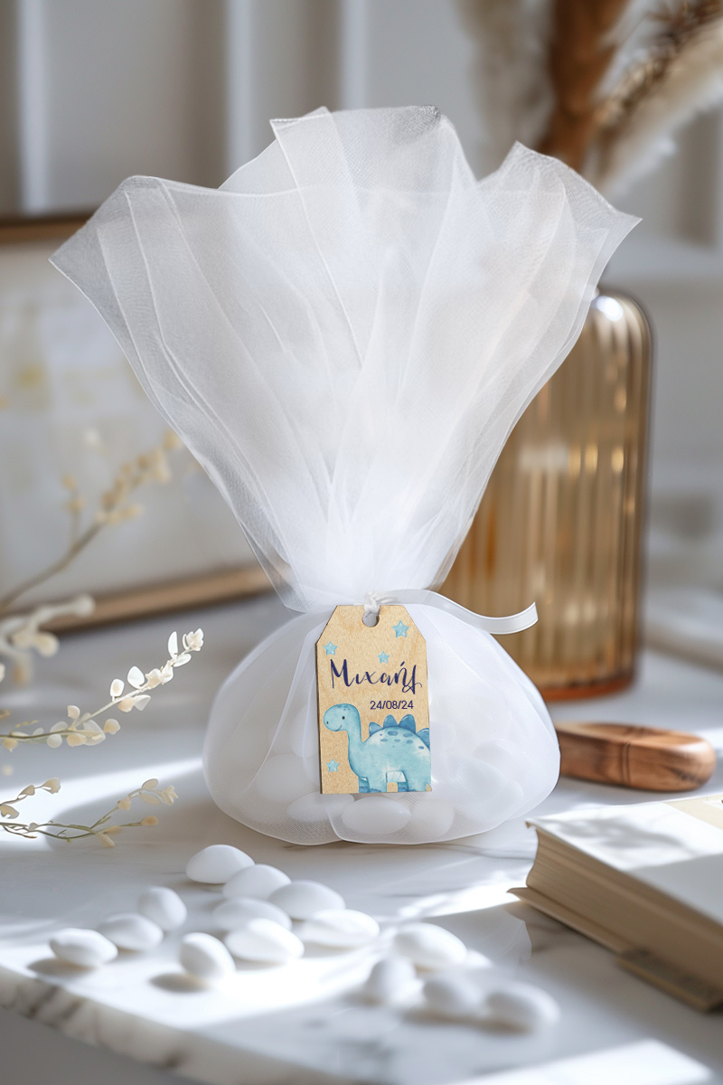 Μπομπονιέρες Βάπτισης με Τούλι & Σχέδιο Δεινόσαυρος με Αστεράκια
