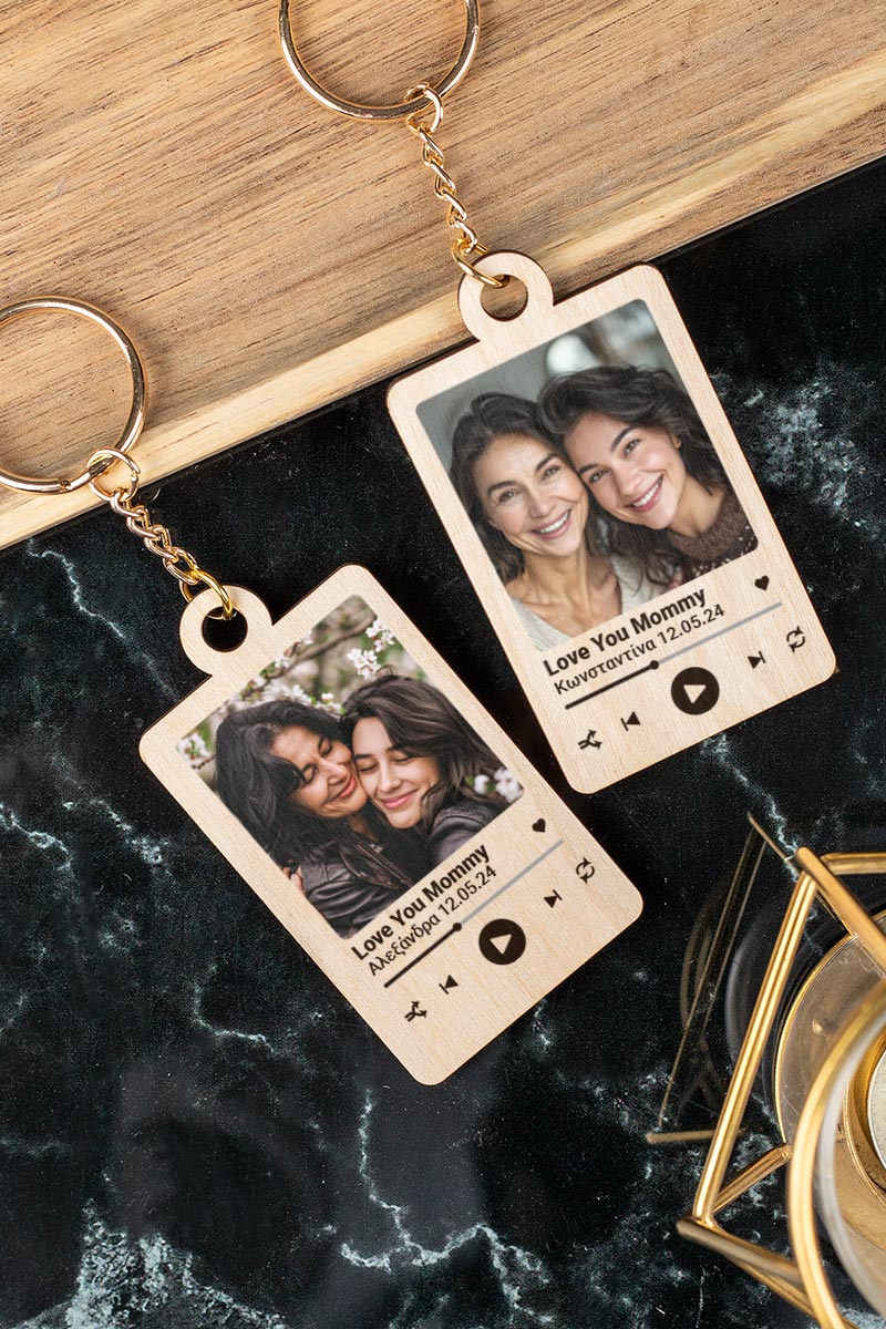 Σετ 2 Ξύλινων Μπρελόκ Κλειδιών με Φωτογραφία για Μητέρα