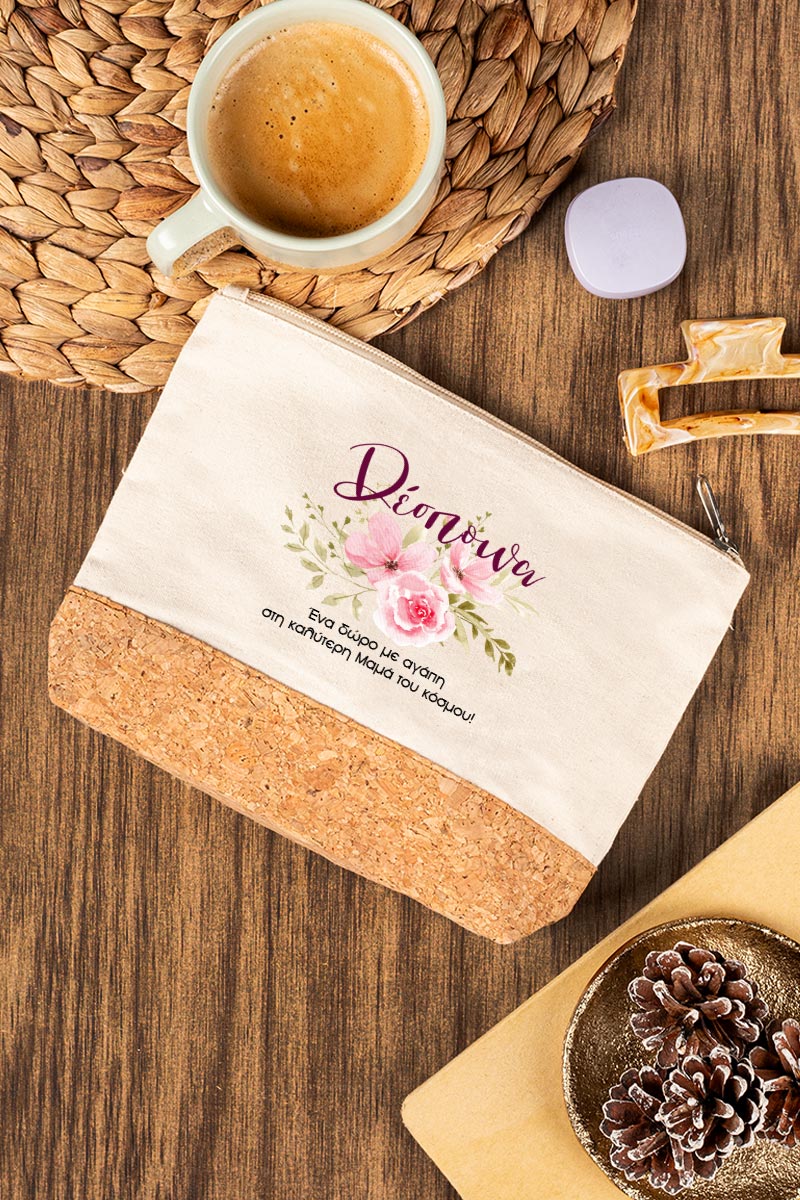 Προσωποποιημένο Εκρού Τσαντάκι & Νεσεσέρ Καλλυντικών με φελλό Ροζ Κλασσικά Λουλούδια