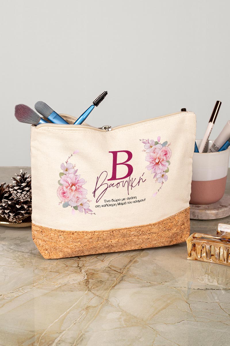 Προσωποποιημένο Εκρού Τσαντάκι & Νεσεσέρ Καλλυντικών με φελλό Ροζ Λουλούδια
