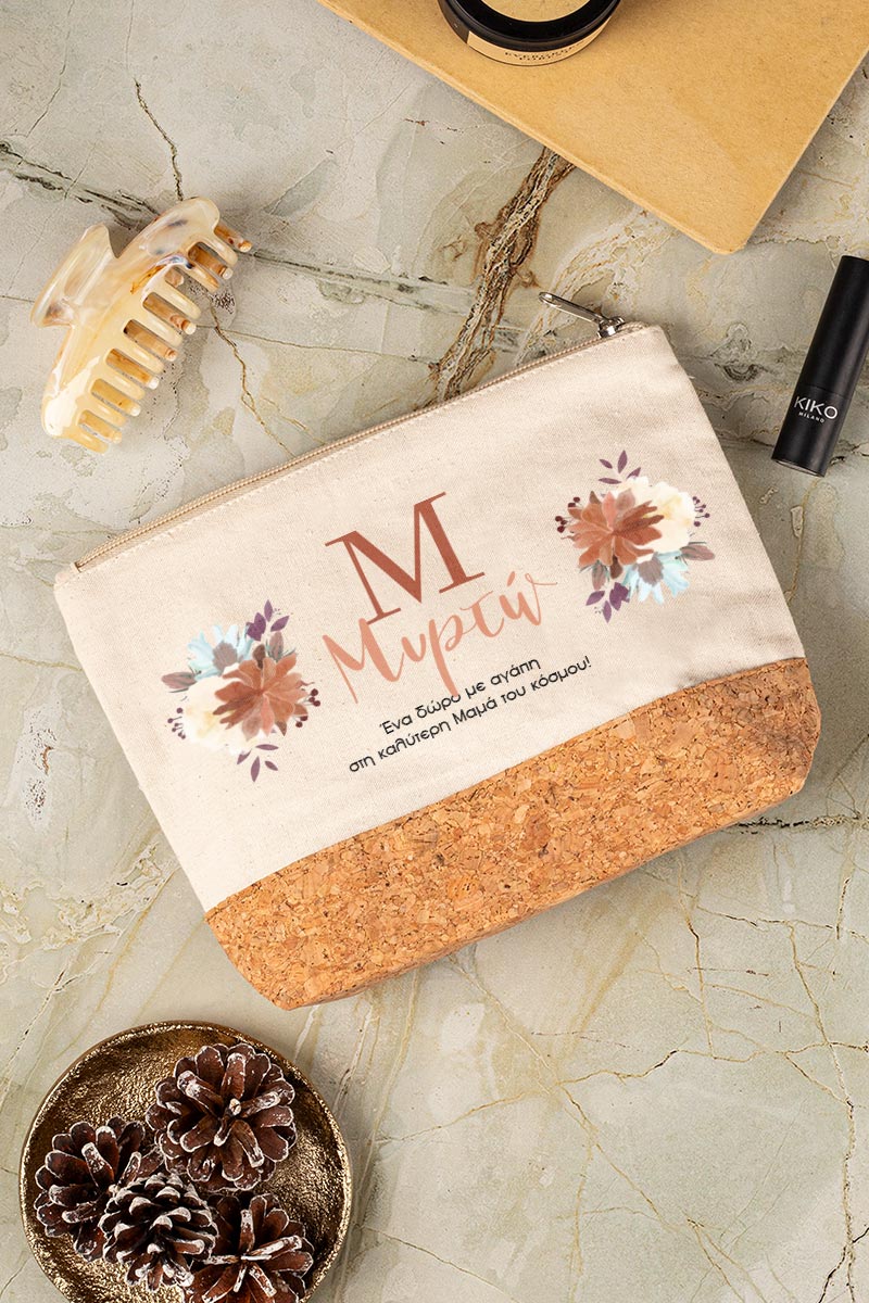 Προσωποποιημένο Εκρού Τσαντάκι & Νεσεσέρ Καλλυντικών με φελλό Πολύχρωμα Λουλούδια
