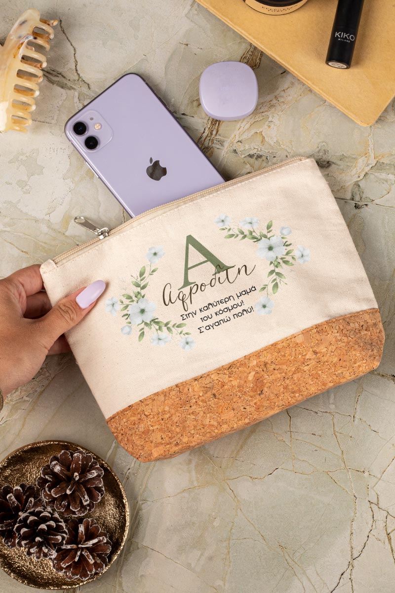 Προσωποποιημένο Εκρού Τσαντάκι & Νεσεσέρ Καλλυντικών με φελλό Γαλάζια Λουλούδια