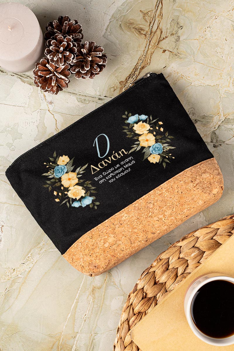 Προσωποποιημένο Μαύρο Τσαντάκι & Νεσεσέρ Καλλυντικών με φελλό Κίτρινα και Μπλε Λουλούδια