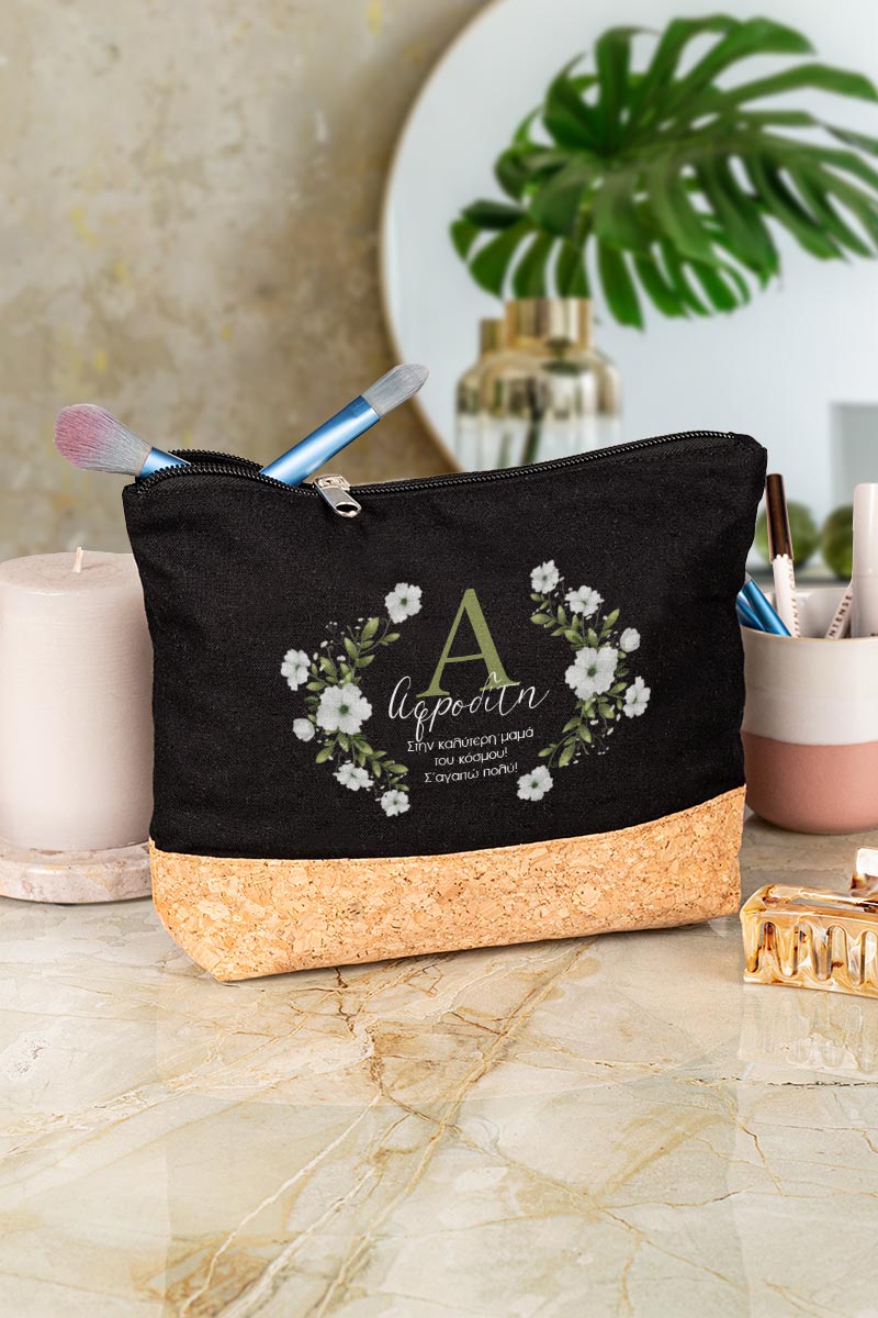 Προσωποποιημένο Μαύρο Τσαντάκι & Νεσεσέρ Καλλυντικών με φελλό Γαλάζια Λουλούδια