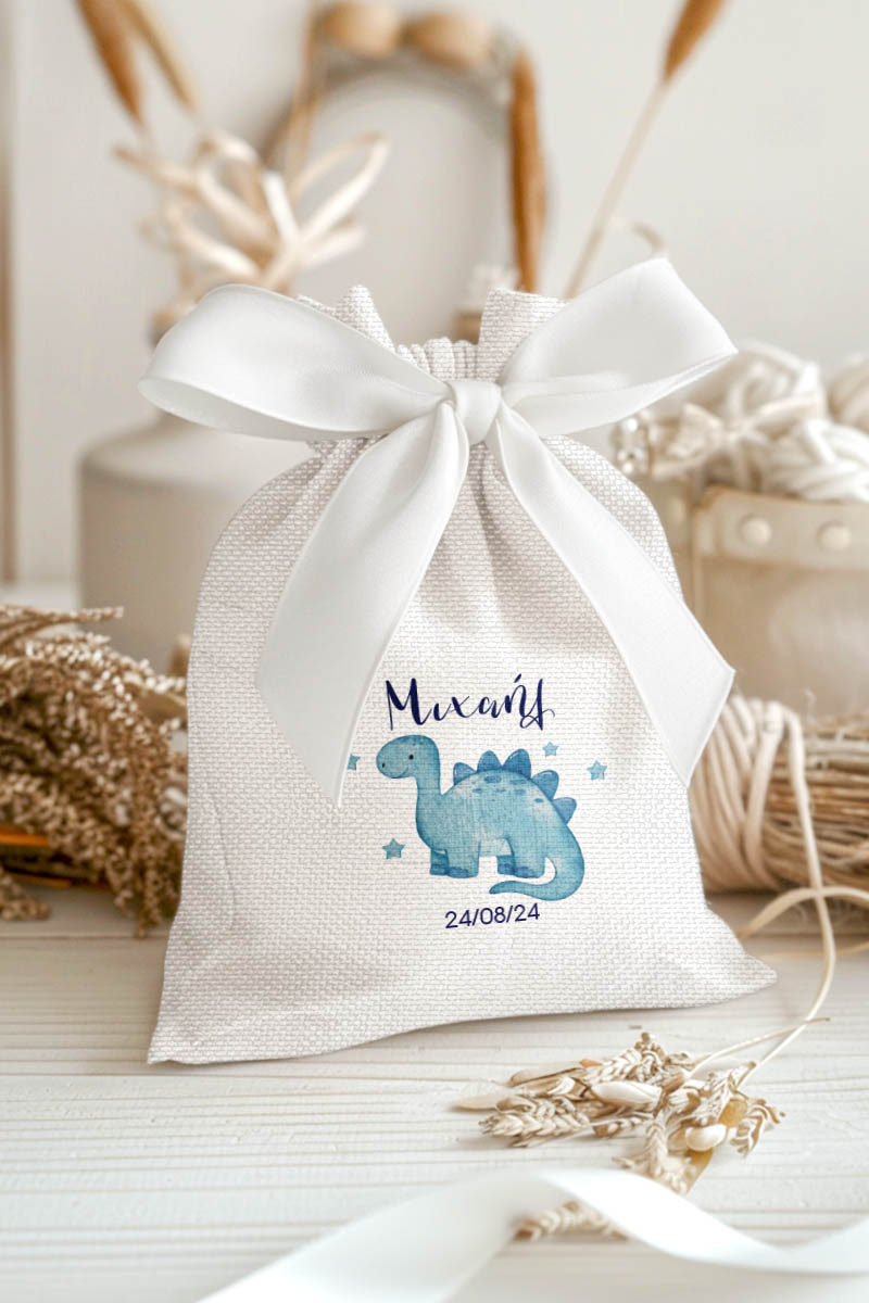 Μπομπονιέρες Βάπτισης Πουγκί σε Λευκό Χρώμα με Σχέδιο Δεινόσαυρος με Αστεράκια