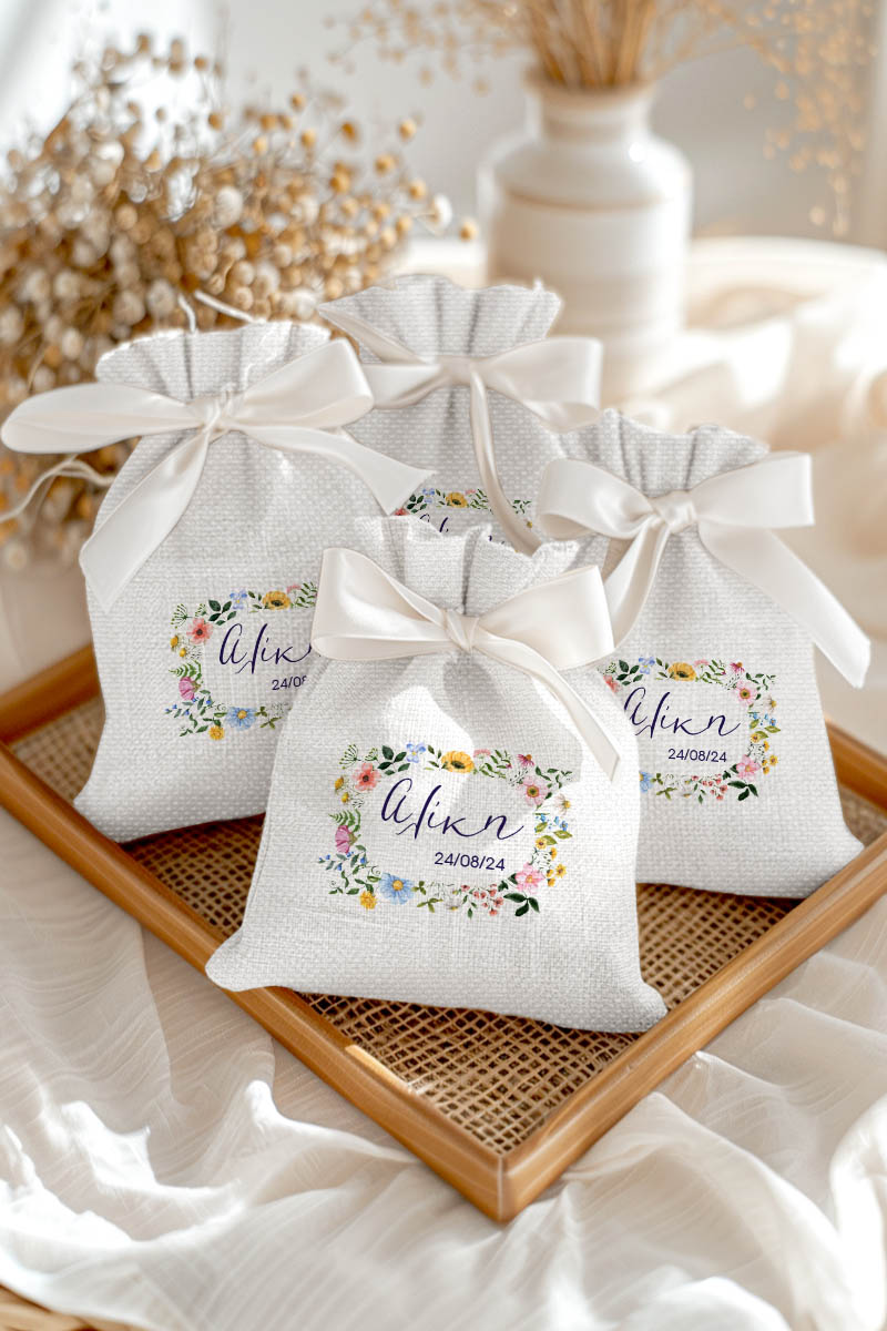 Μπομπονιέρες Βάπτισης Πουγκί σε Λευκό Χρώμα με Σχέδιο Ανοιξιάτικα Λουλουδάκια