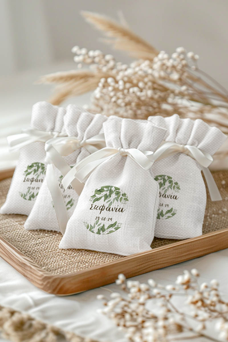 Μπομπονιέρες Βάπτισης Πουγκί σε Λευκό Χρώμα με Σχέδιο Καλοκαιρινά Φύλλα