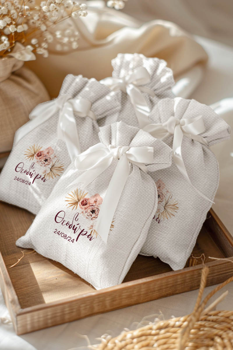 Μπομπονιέρες Βάπτισης Πουγκί σε Λευκό Χρώμα με Σχέδιο Boho Μπεζ Λουλούδια