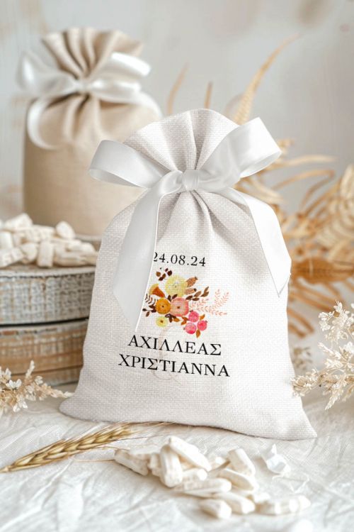 Μπομπονιέρες Γάμου Πουγκί σε Λευκό Χρώμα με Σχέδιο Μοντέρνα Λουλούδια