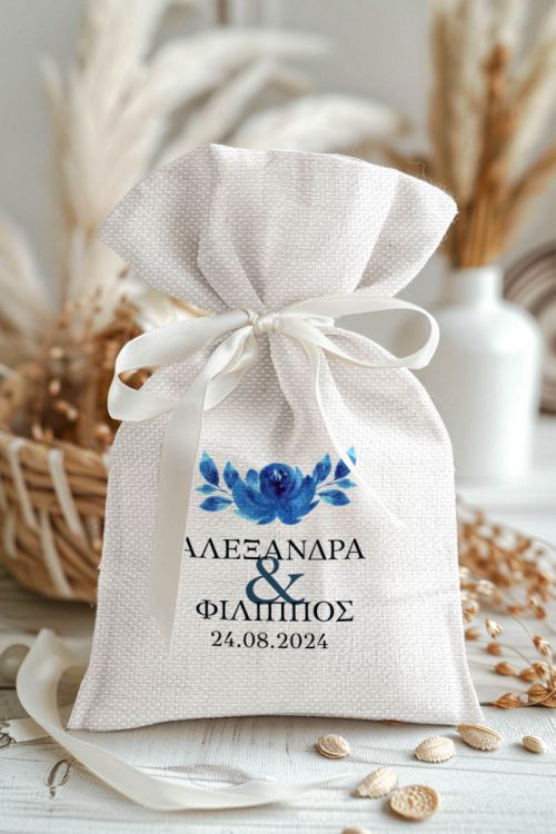 Μπομπονιέρες Γάμου Πουγκί σε Λευκό Χρώμα με Σχέδιο Μπλε Φύλλα