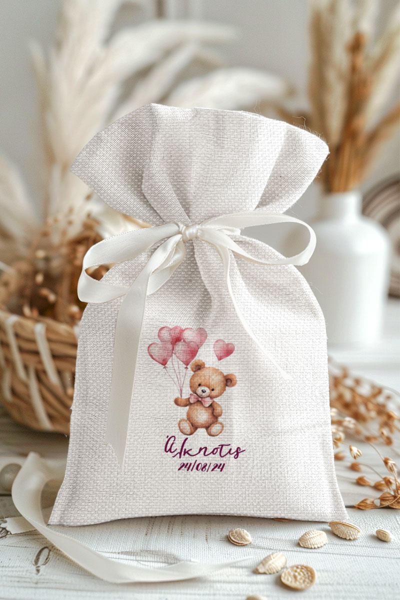 Μπομπονιέρες Βάπτισης Πουγκί σε Λευκό Χρώμα με Σχέδιο Αρκουδάκι Κόκκινα Μπαλόνια