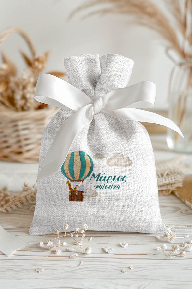 Μπομπονιέρες Βάπτισης Πουγκί σε Λευκό Χρώμα με Σχέδιο Ζωάκια στον Ουρανό