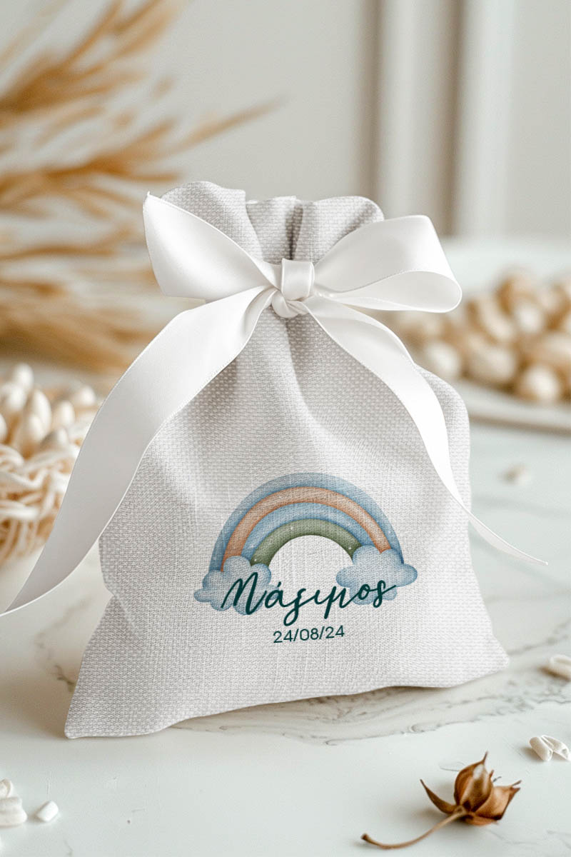 Μπομπονιέρες Βάπτισης Πουγκί σε Λευκό Χρώμα με Σχέδιο Γαλάζιο Ουράνιο Τόξο