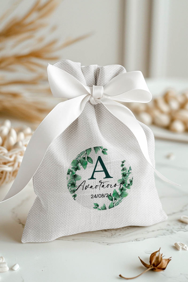 Μπομπονιέρες Βάπτισης Πουγκί σε Λευκό Χρώμα με Σχέδιο Καλοκαιρινό Πράσινο