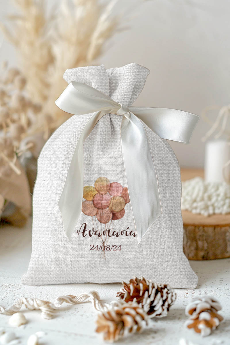 Μπομπονιέρες Βάπτισης Πουγκί σε Λευκό Χρώμα με Σχέδιο Ροζ Vintage Μπαλόνια