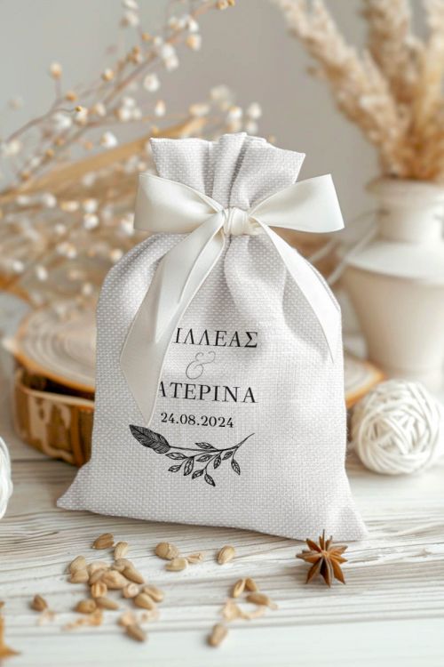 Μπομπονιέρες Γάμου Πουγκί σε Λευκό Χρώμα με Σχέδιο Minimal Ύφος