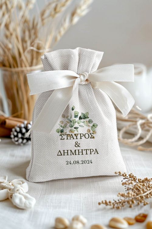 Μπομπονιέρες Γάμου Πουγκί σε Λευκό Χρώμα με Σχέδιο Φθινοπωρινά Φύλλα