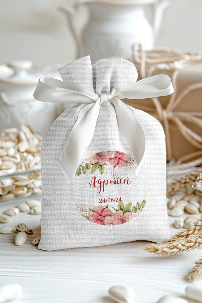 Μπομπονιέρες Βάπτισης Πουγκί σε Λευκό Χρώμα με Σχέδιο Ροζ Λουλουδάκια