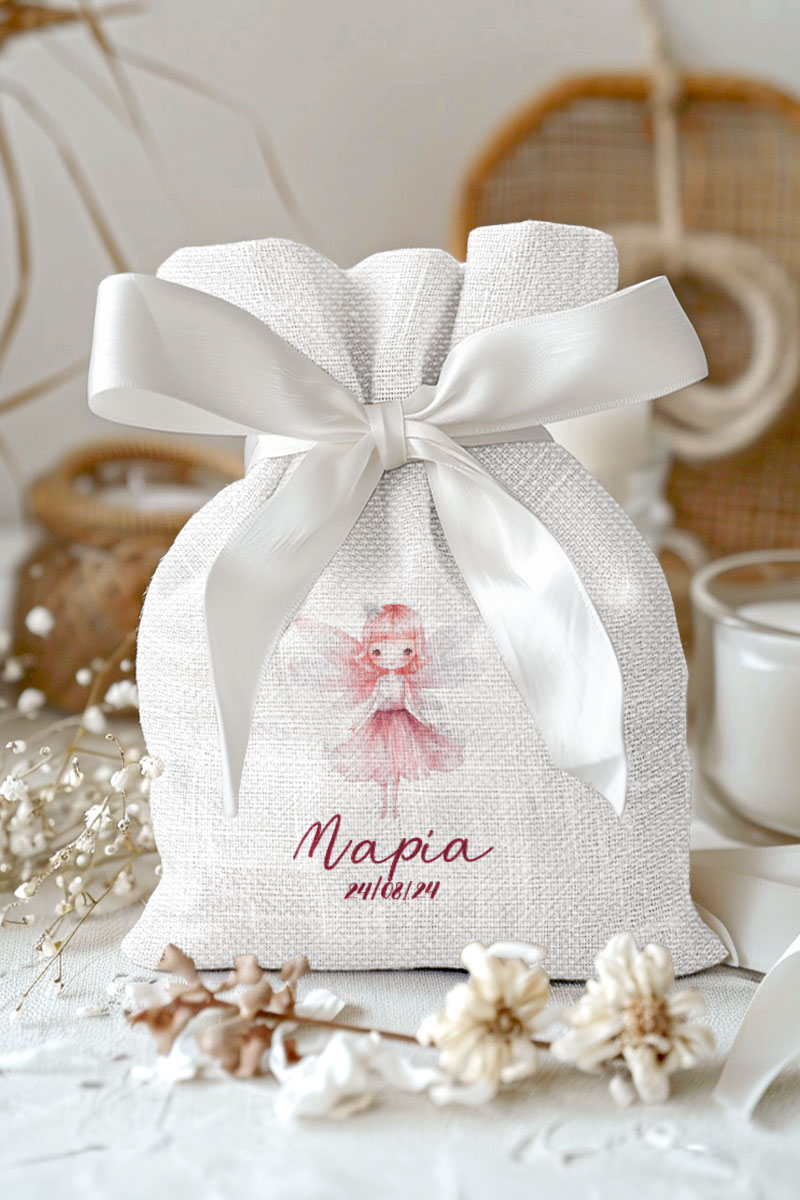 Μπομπονιέρες Βάπτισης Πουγκί σε Λευκό Χρώμα με Σχέδιο Ροζ Νεράιδα