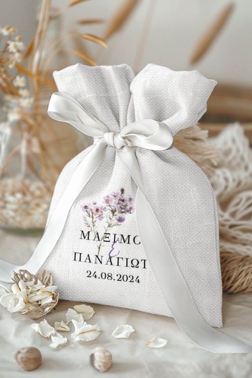 Μπομπονιέρες Γάμου Πουγκί σε Λευκό Χρώμα με Σχέδιο Μωβ Μπουμπούκια