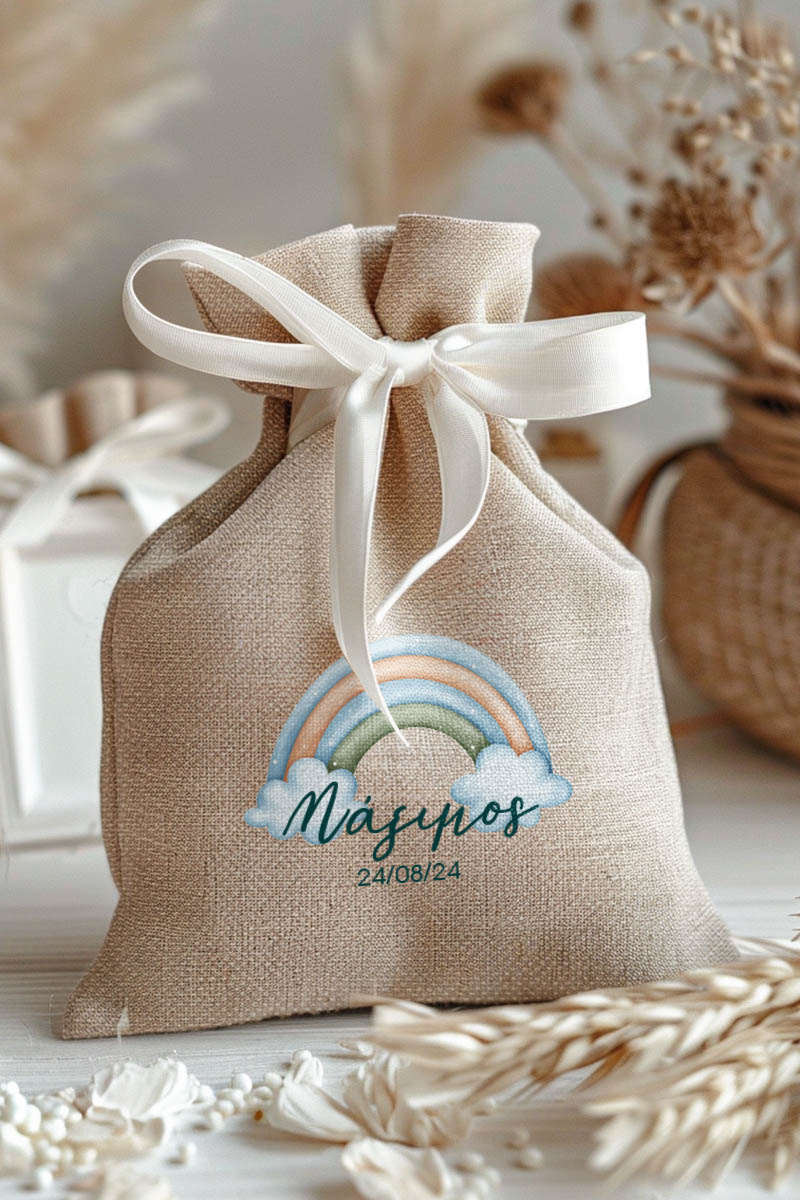 Μπομπονιέρες Βάπτισης Πουγκί σε Εκρού Χρώμα με Σχέδιο Γαλάζιο Ουράνιο Τόξο