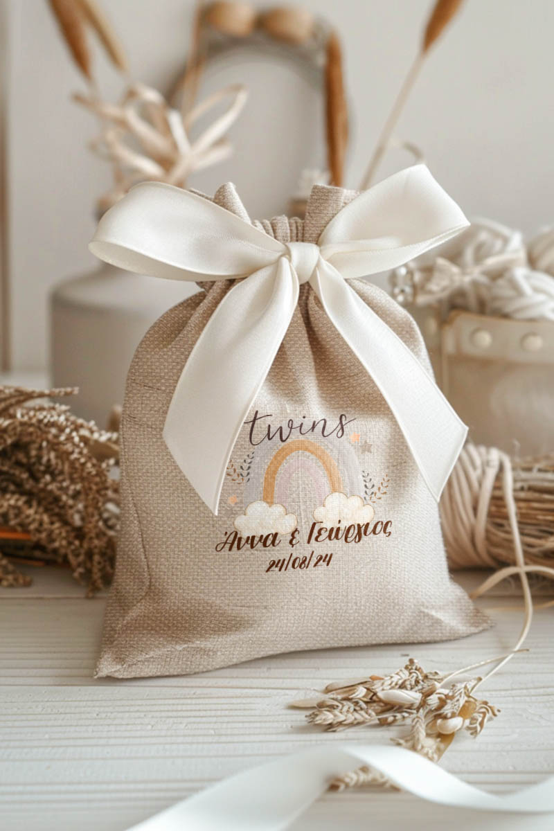 Μπομπονιέρες Βάπτισης Πουγκί σε Εκρού Χρώμα με Σχέδιο Ουράνιο Τόξο για Δίδυμα