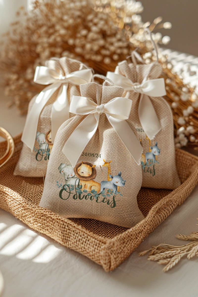 Μπομπονιέρες Βάπτισης Πουγκί σε Εκρού Χρώμα με Σχέδιο Minimal Ζούγκλα